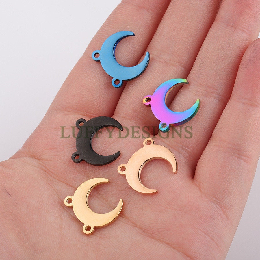 10pcs Crescent Moon Charms, Gold Moon Pendant, 18K Gold/ Rose Gold plated Stainss Steel, 1 Loop and 2 Loops