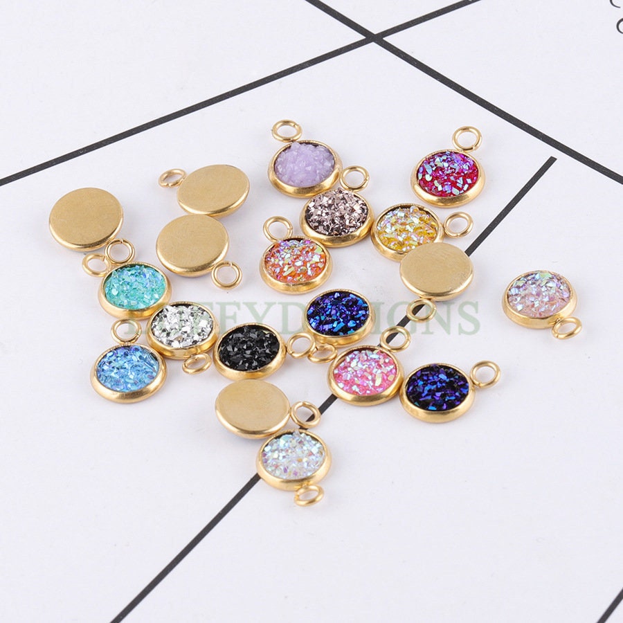 20pcs 8mm Druzy Charms, Gold Druzy Pendants, Round Stainless Steel Pendants, Faux Drusy DIY Findings, Drusy Jewelry, Druzy Earring Dangles