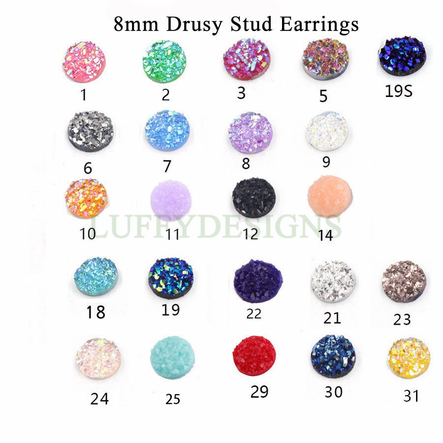 20pcs 8mm Druzy Earrings, Druzy Stud Earrings, Round Stainless Steel Stud Earrings, Faux Drusy Post Earrings, Drusy Jewelry, Raw Druzy Stud