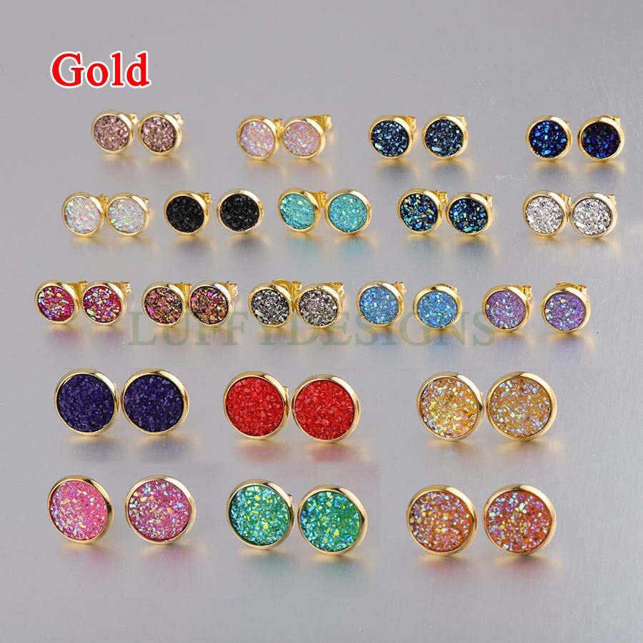 20pcs 8mm Druzy Earrings, Druzy Stud Earrings, Round Stainless Steel Stud Earrings, Faux Drusy Post Earrings, Drusy Jewelry, Raw Druzy Stud