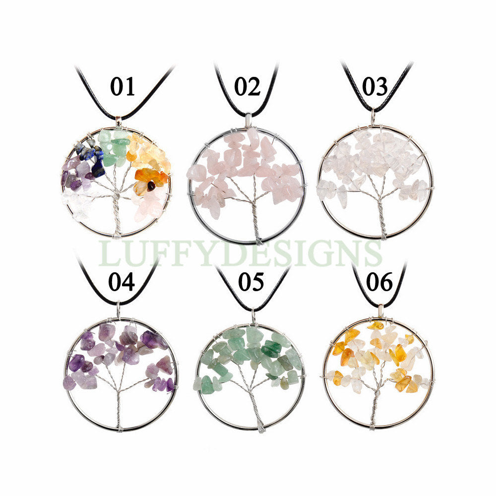 Rainbow Crystal Tree of Life, Natural Stones Chip Beads, Healing Stone Pendant, Wire Wrapped Pendant, Family Tree Jewelry, Gemstone Pendant