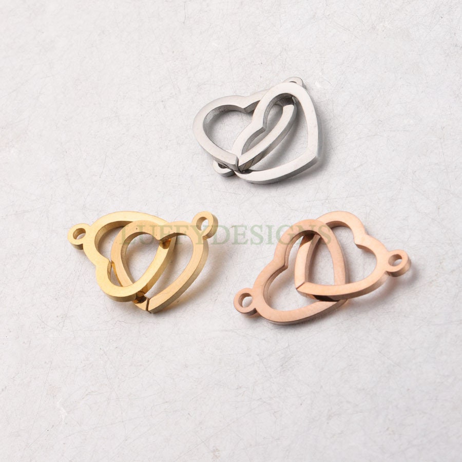 10pcs Double Heart Charms, Tiny Love Charm 20x12mm, Gold /Rose Gold Stainless Steel Heart, Heart Pendant, Love Pendant, Necklace Findings