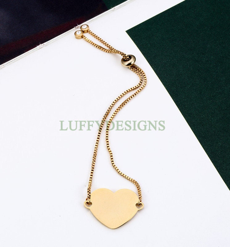 5PCS Finished Slide Bracelet, Sliding Adjustable Bracelet, Gold Heart Bracelet blanks, Hand Stamping Blanks, Custom Engraving Supplies