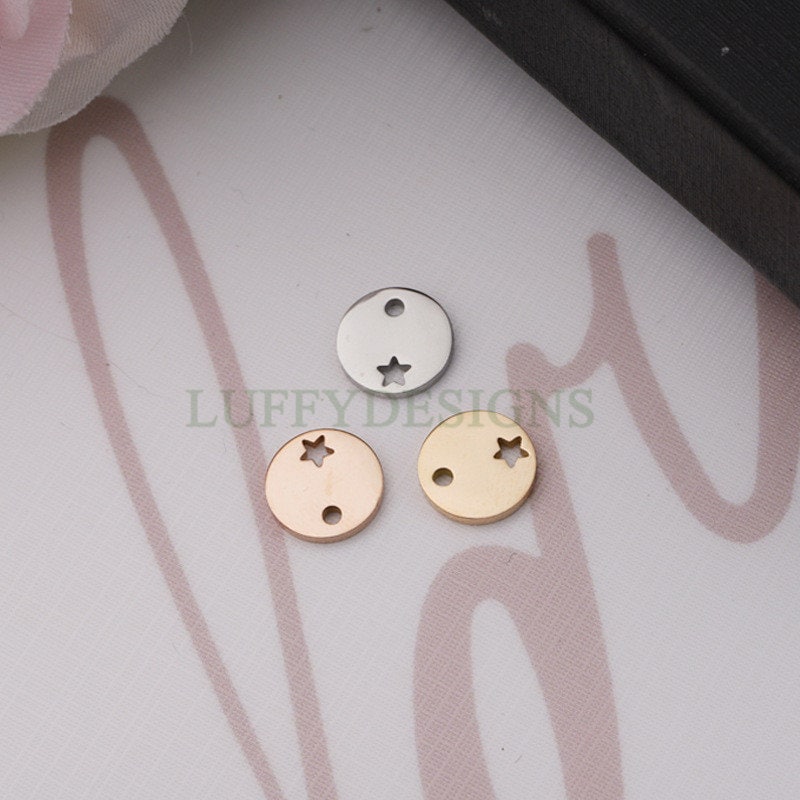 10pcs Round Disc Tags with Hollow Star, Metal Stamping Blanks Charms, Engravable Round Blanks Pendant, Gold/Rose Gold Plated Stainless Steel