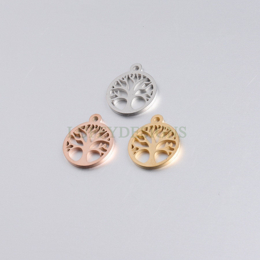 10pcs Family Tree Charm 15mm, Tree of Life Charm, Gold Tree Pendant, 18K Gold /Rose Gold plated Stainless Steel, Family Tree Charm Pendant