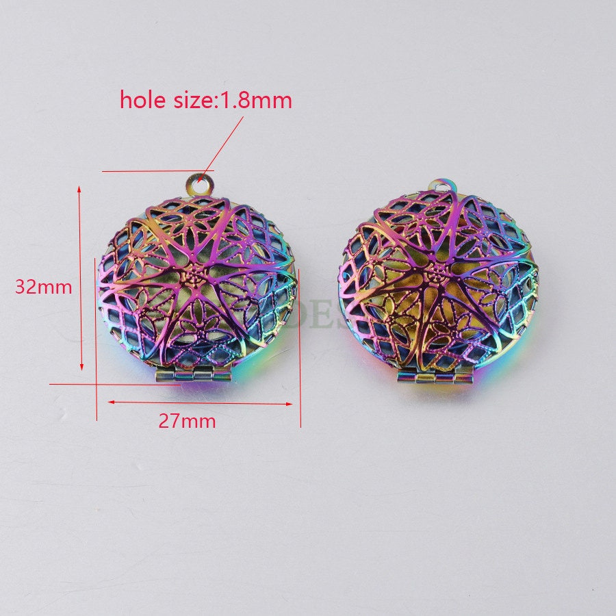 5pcs 27x32mm Hollow Phase Box Lockets Charms, Openable Round Photo Box Pendant, DIY Rainbow Photo Frame, Mirror Polished Stainless Steel
