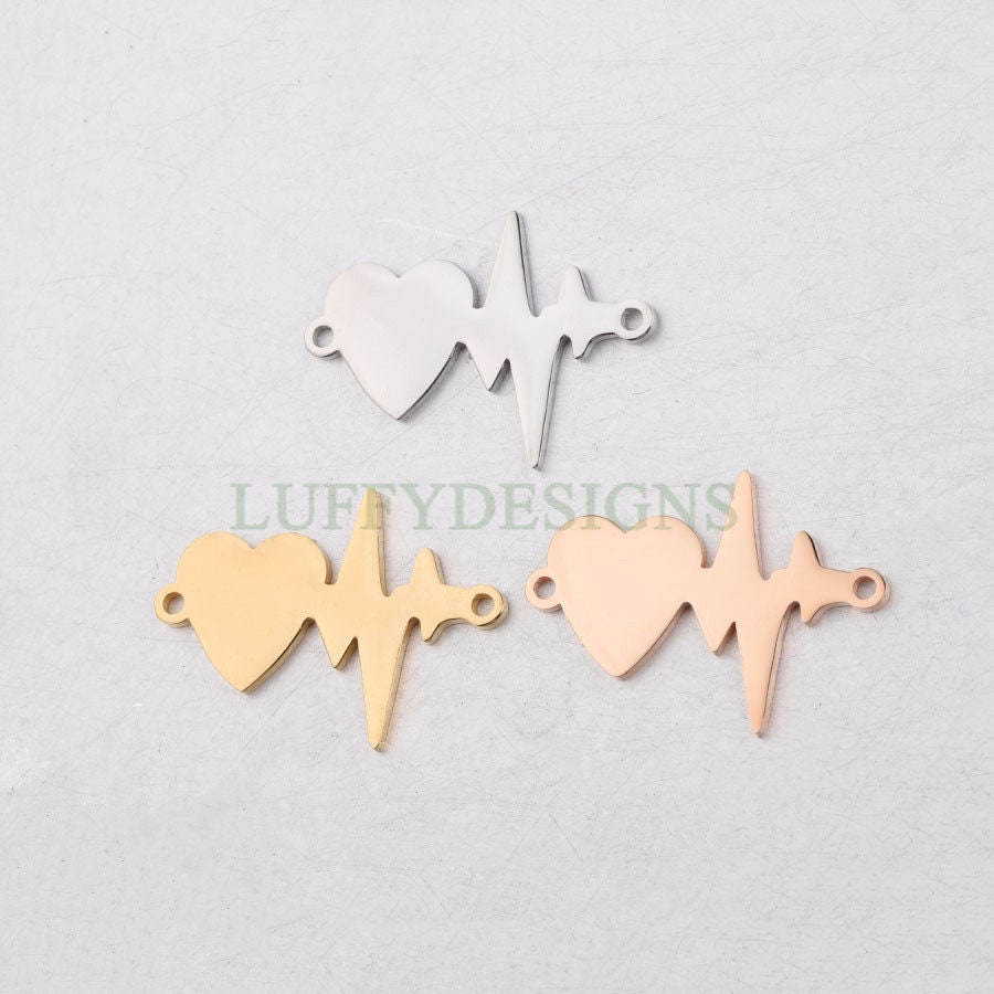 10pcs Heartbeat Charm, 18K Gold plated Stainless Steel, Heartbeat Connector, ECG Heartbeat Charm Pendant, Heart Charm, Love Charm, 20x28mm
