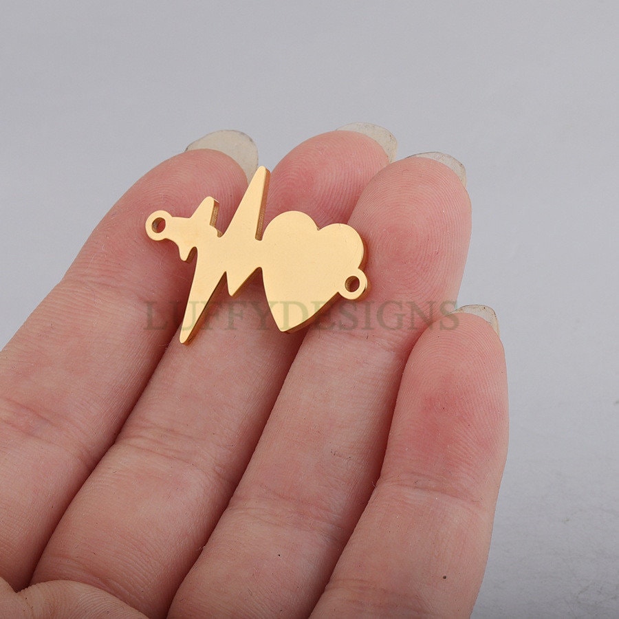 10pcs Heartbeat Charm, 18K Gold plated Stainless Steel, Heartbeat Connector, ECG Heartbeat Charm Pendant, Heart Charm, Love Charm, 20x28mm