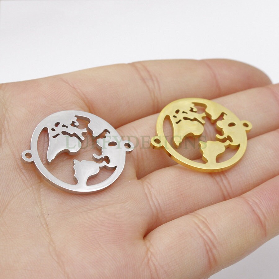 10pcs World Charm with Double Loops, World Map Pendant 27x22mm, Earth Charm, Globe Charm, Travel Jewelry, Stainless Steel World Map Charms