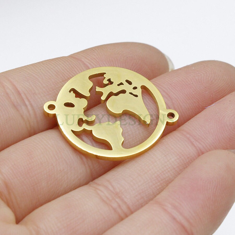 10pcs World Charm with Double Loops, World Map Pendant 27x22mm, Earth Charm, Globe Charm, Travel Jewelry, Stainless Steel World Map Charms