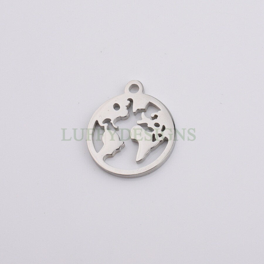 10pcs Round World Charm, World Map Pendant, Earth Charm, Globe Charm, Travel Jewelry, 18K Gold plated Stainless Steel, Gold World Map Charms