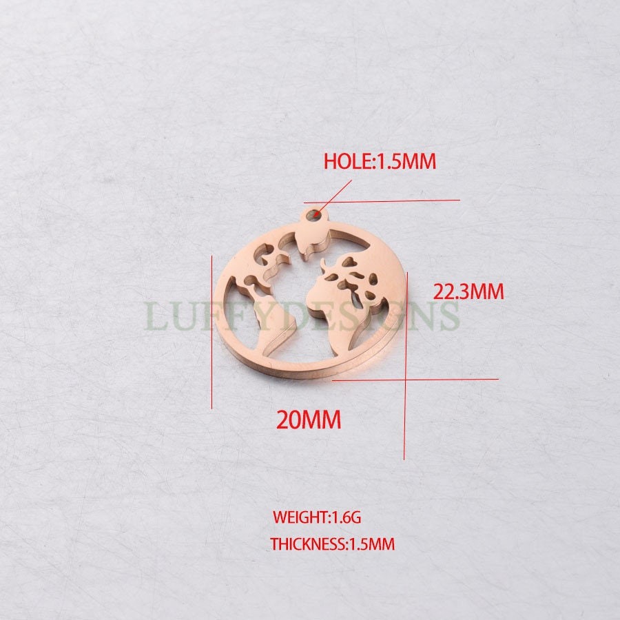 10pcs Round World Charm, World Map Pendant, Earth Charm, Globe Charm, Travel Jewelry, 18K Gold plated Stainless Steel, Gold World Map Charms