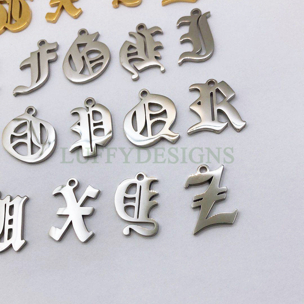 Gothic Letter Charm, Alphabet Charm, Gold Letter Charm, 26 Letters Initial Charms, Gold Plated Stainless Steel, Old English Letter Pendant