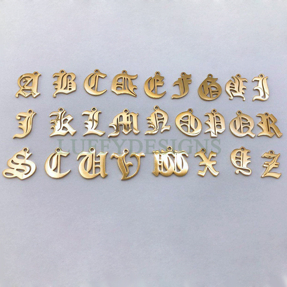 Gothic Letter Charm, Alphabet Charm, Gold Letter Charm, 26 Letters Initial Charms, Gold Plated Stainless Steel, Old English Letter Pendant