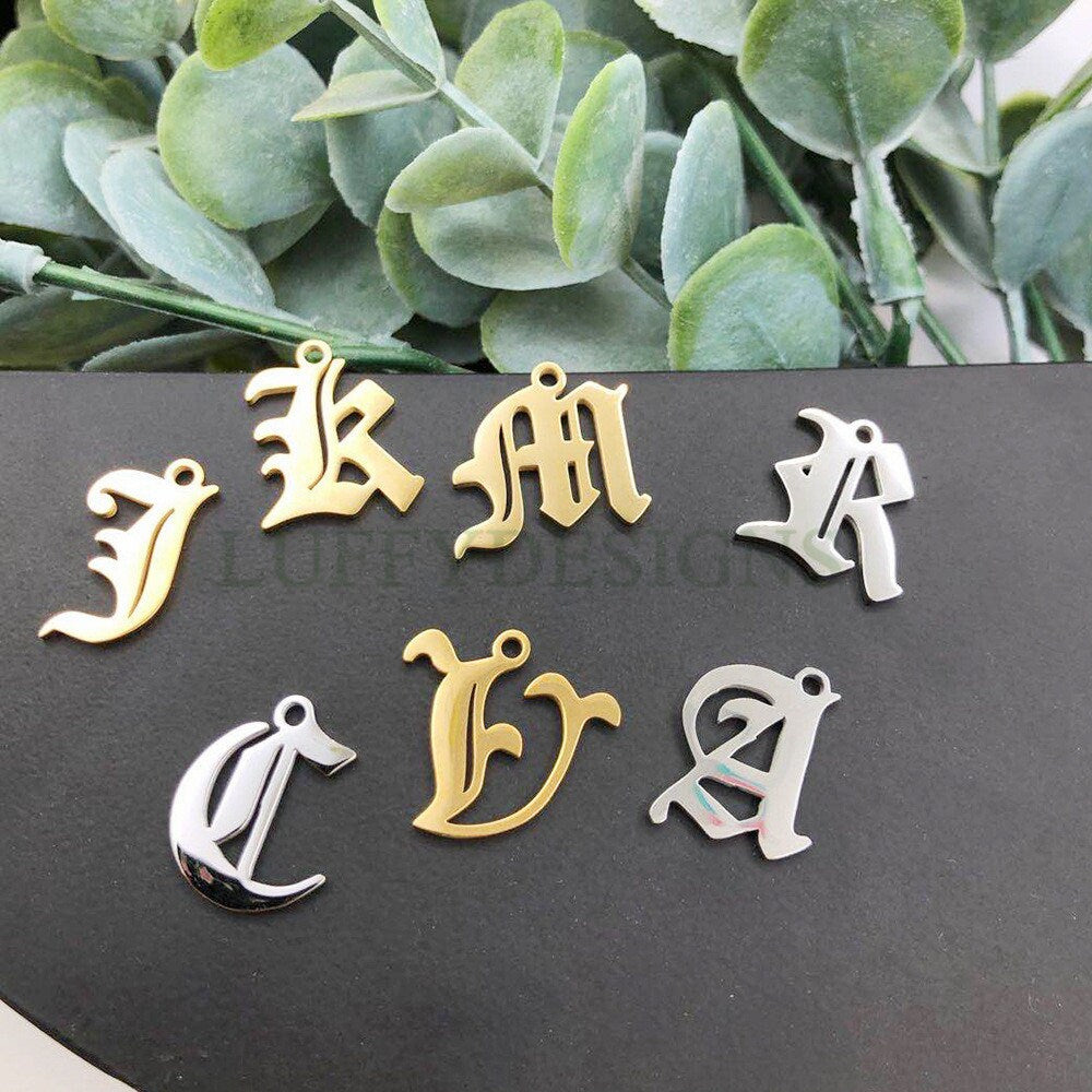 Gothic Letter Charm, Alphabet Charm, Gold Letter Charm, 26 Letters Initial Charms, Gold Plated Stainless Steel, Old English Letter Pendant