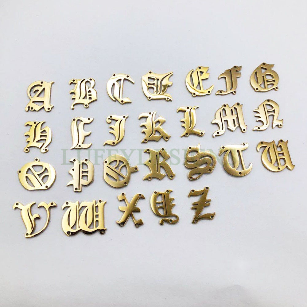 Gothic Letter Charm, Alphabet Charm, Gold Letter Charm, 26 Letters Initial Charms, Gold Plated Stainless Steel, Old English Letter Pendant