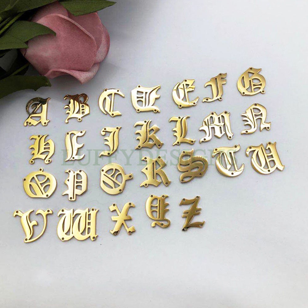 Gothic Letter Charm, Alphabet Charm, Gold Letter Charm, 26 Letters Initial Charms, Gold Plated Stainless Steel, Old English Letter Pendant