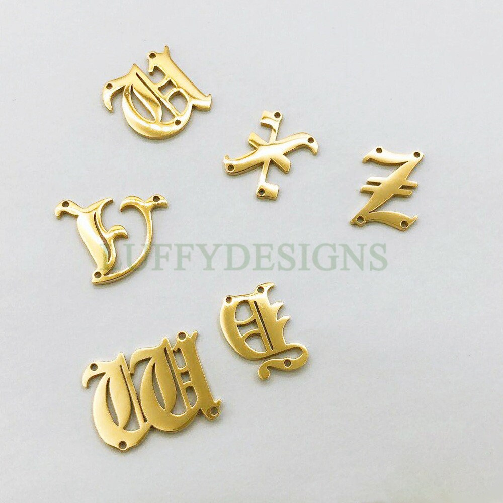 Gothic Letter Charm, Alphabet Charm, Gold Letter Charm, 26 Letters Initial Charms, Gold Plated Stainless Steel, Old English Letter Pendant