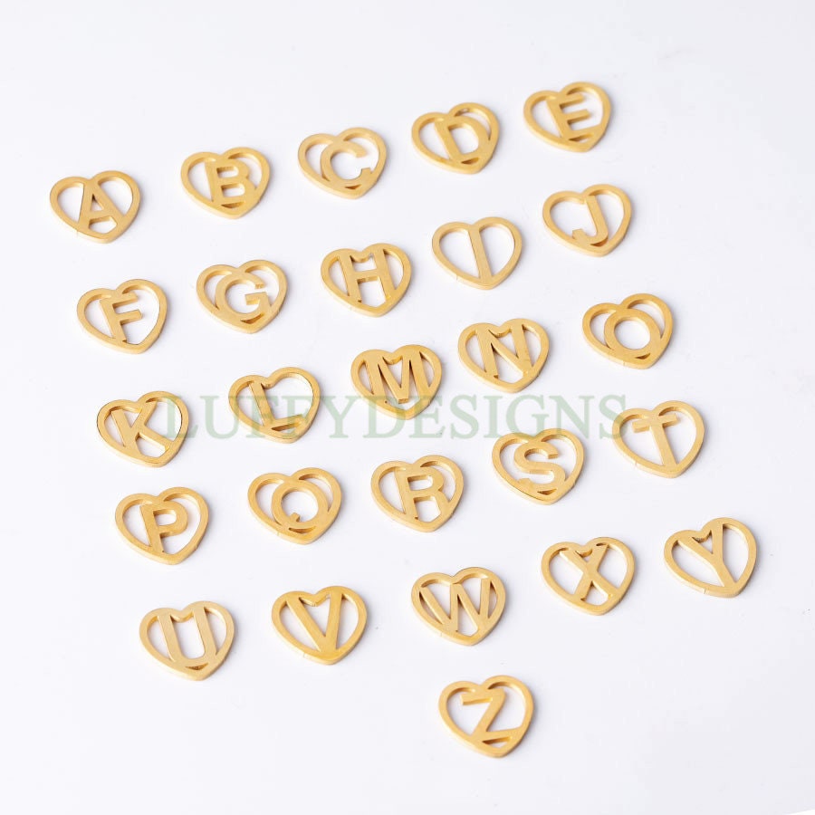 A-Z Uppercase Letter Charm, Alphabet Charm, Gold Letter Pendant, 26 Letters Heart Pendant, Inital Heart Charm, Mirror Polished Hollow Letter