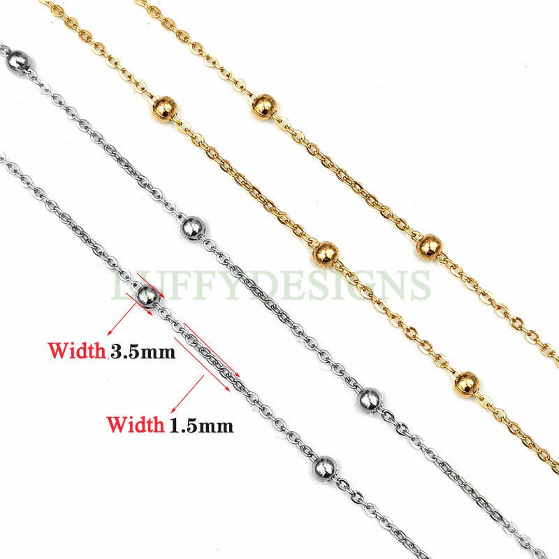 16ft/5m Gold Beads Chain, 1.2mm/1.5mm Silver Chain with Beads, 18k Gold plated Stainless Steel, Spacer Beads Chain, Unfinished Chain