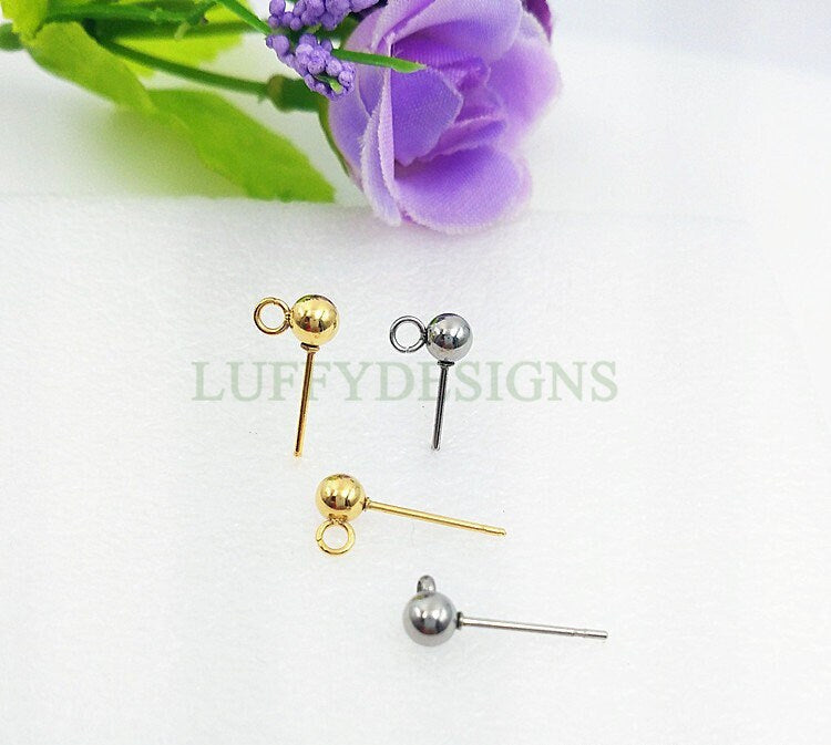 10pcs Ball Post Earring, Ball Stud Earring With Loop, 316L Stainless Steel Post, 18K Gold Plated, Earring Findings, 3mm /4mm /5mm /6mm /8mm