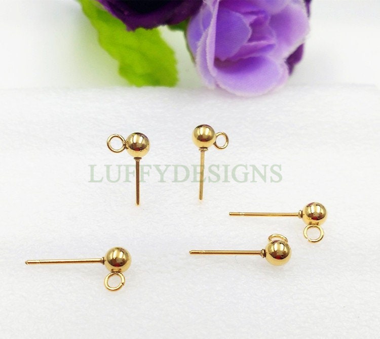 10pcs Ball Post Earring, Ball Stud Earring With Loop, 316L Stainless Steel Post, 18K Gold Plated, Earring Findings, 3mm /4mm /5mm /6mm /8mm