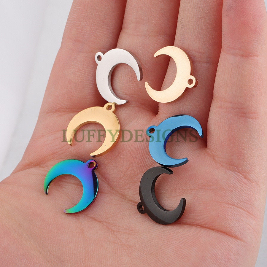 10pcs Crescent Moon Charms, Gold Moon Pendant, 18K Gold/ Rose Gold plated Stainss Steel, 1 Loop and 2 Loops