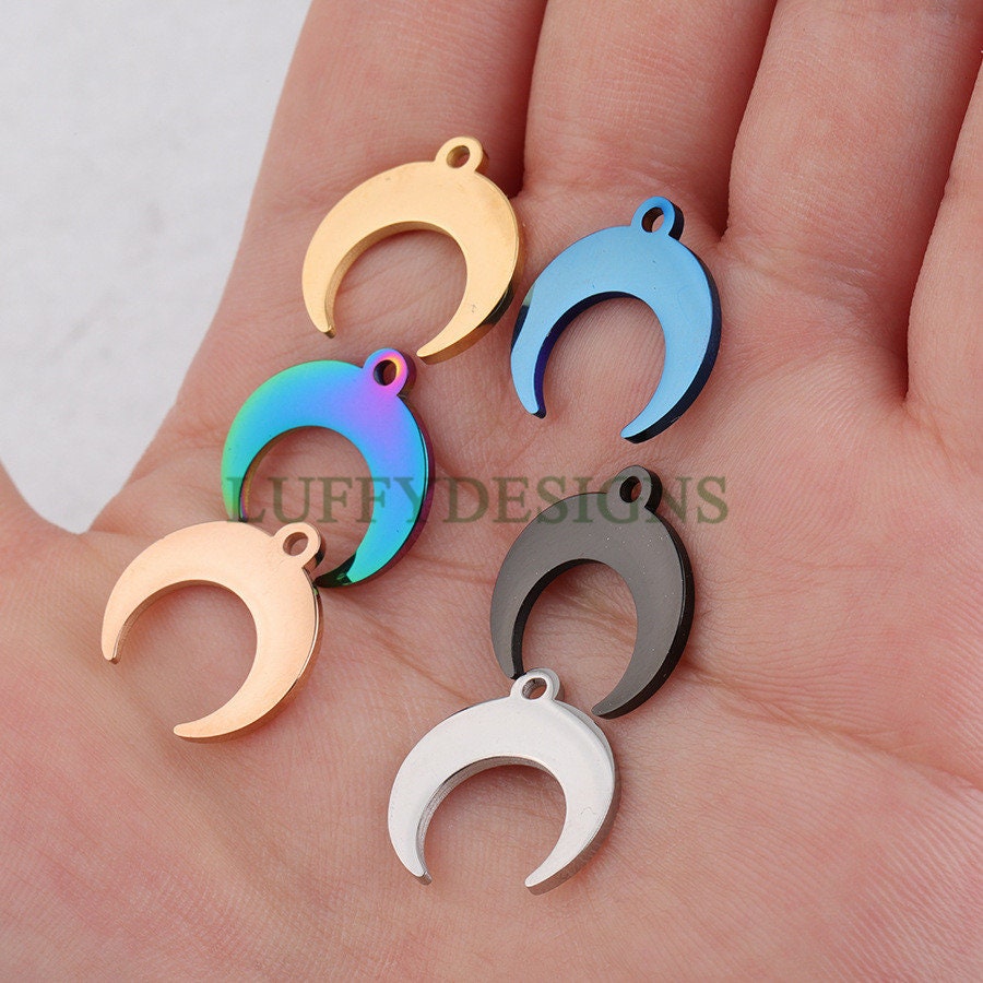 10pcs Crescent Moon Charms, Gold Moon Pendant, 18K Gold/ Rose Gold plated Stainss Steel, 1 Loop and 2 Loops