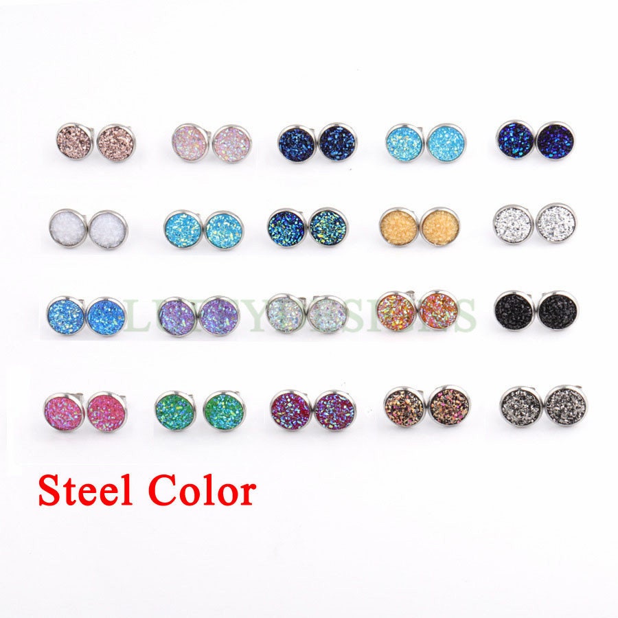 20pcs 8mm Druzy Earrings, Druzy Stud Earrings, Round Stainless Steel Stud Earrings, Faux Drusy Post Earrings, Drusy Jewelry, Raw Druzy Stud