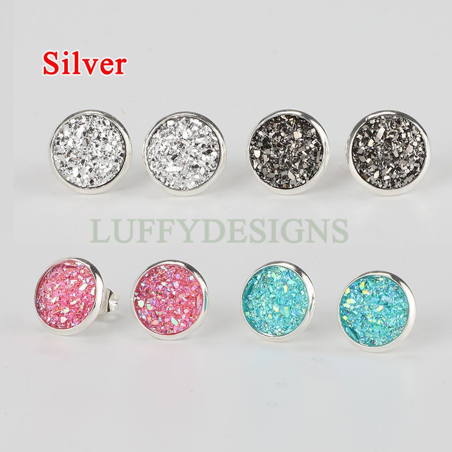 20pcs 8mm Druzy Earrings, Druzy Stud Earrings, Round Stainless Steel Stud Earrings, Faux Drusy Post Earrings, Drusy Jewelry, Raw Druzy Stud