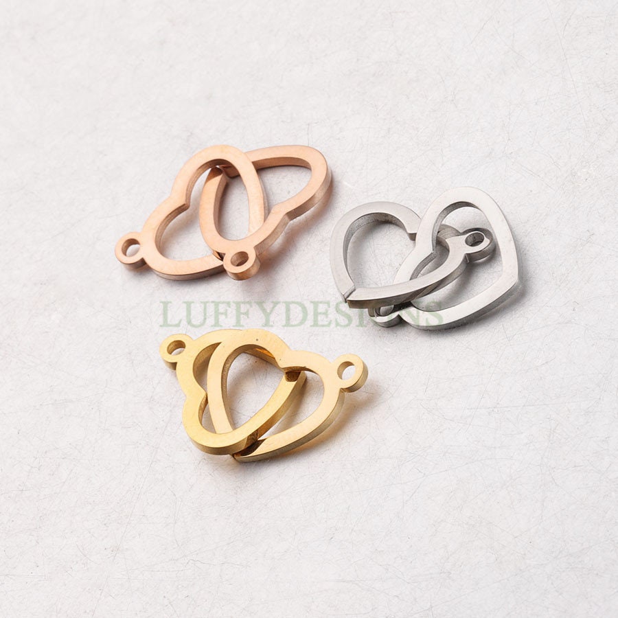 10pcs Double Heart Charms, Tiny Love Charm 20x12mm, Gold /Rose Gold Stainless Steel Heart, Heart Pendant, Love Pendant, Necklace Findings