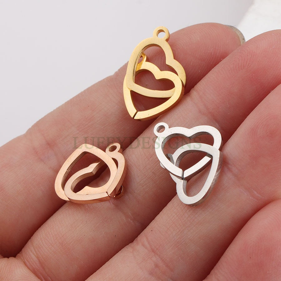 10pcs Double Heart Charms, Tiny Love Charm 20x12mm, Gold /Rose Gold Stainless Steel Heart, Heart Pendant, Love Pendant, Necklace Findings