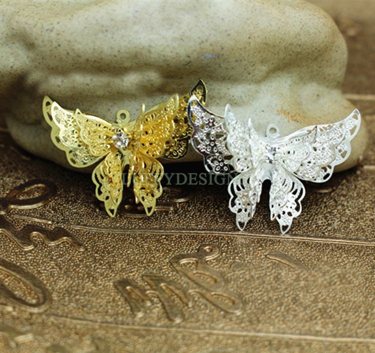 5pcs Butterfly Charm, 3D Butterfly Pendant, 24K Gold /Silver plated Brass, Gold Butterfly Pendant, Hollow Butterfly, Filigree Jewelry Supply