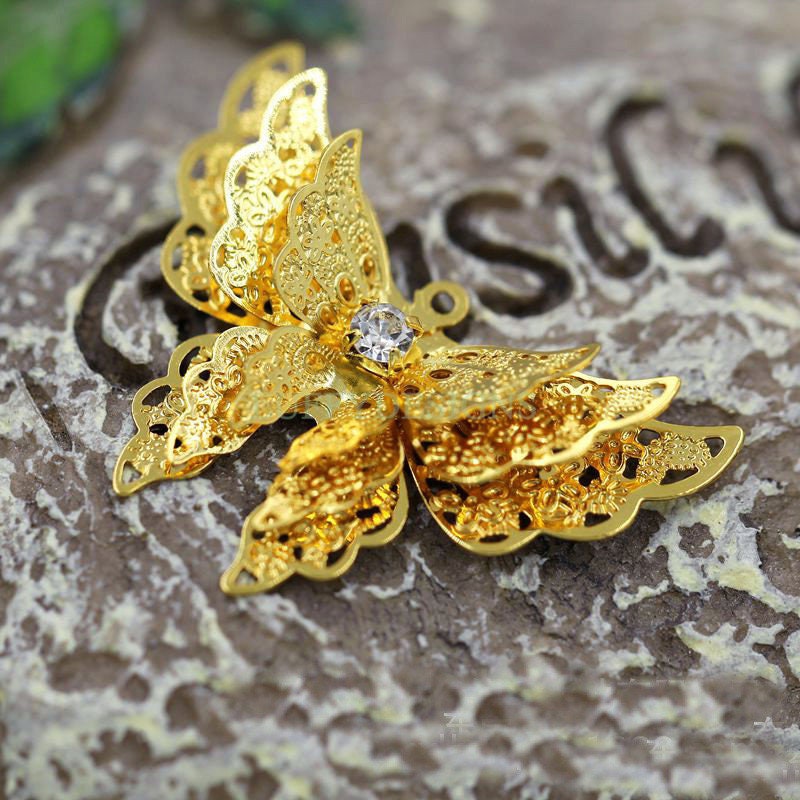 5pcs Butterfly Charm, 3D Butterfly Pendant, 24K Gold /Silver plated Brass, Gold Butterfly Pendant, Hollow Butterfly, Filigree Jewelry Supply