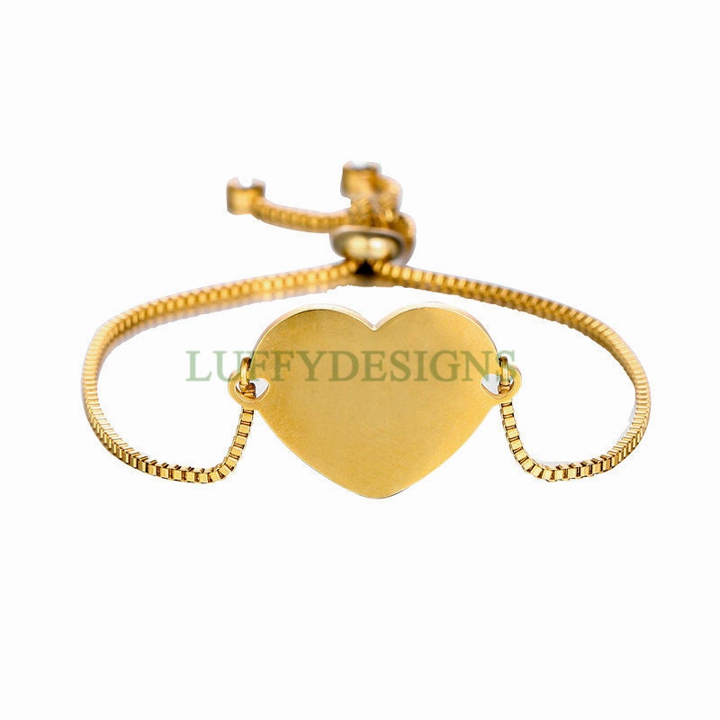 5PCS Finished Slide Bracelet, Sliding Adjustable Bracelet, Gold Heart Bracelet blanks, Hand Stamping Blanks, Custom Engraving Supplies