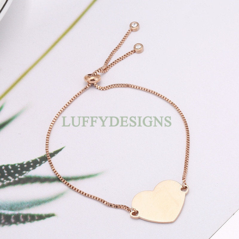 5PCS Finished Slide Bracelet, Sliding Adjustable Bracelet, Gold Heart Bracelet blanks, Hand Stamping Blanks, Custom Engraving Supplies