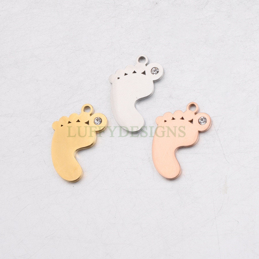 10pcs CZ Footprint Charm, Baby Feet Pendant, New Baby Charm, 316L Stainless Steel, Cubic Zirconia Baby Footprint Pendant, Baby Shower
