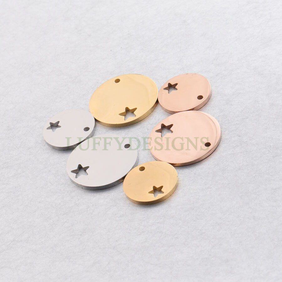 10pcs Round Disc Tags with Hollow Star, Metal Stamping Blanks Charms, Engravable Round Blanks Pendant, Gold/Rose Gold Plated Stainless Steel