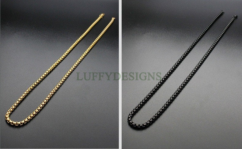 5pcs Finished Round Box Chains, Square Rolo Chain Necklace, 18k Gold /Black plated 316L Stainless Steel, Men's Chains, Men's Necklace