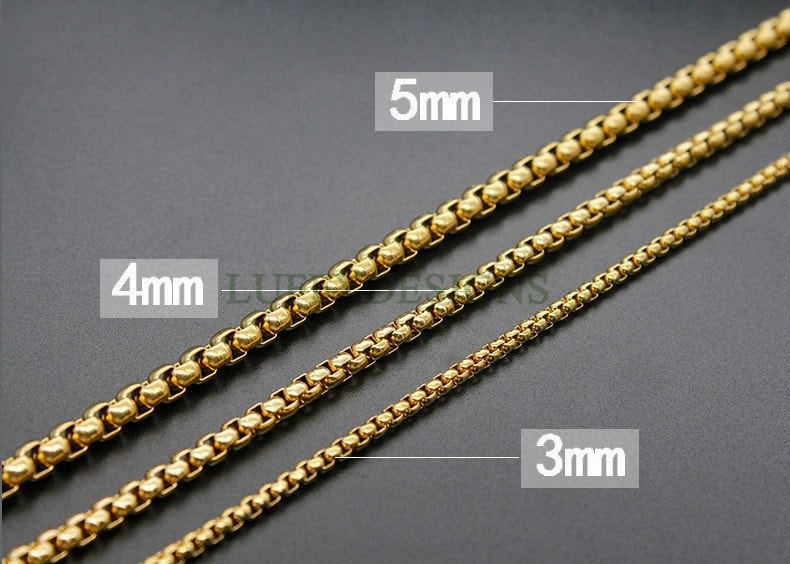 5pcs Finished Round Box Chains, Square Rolo Chain Necklace, 18k Gold /Black plated 316L Stainless Steel, Men's Chains, Men's Necklace