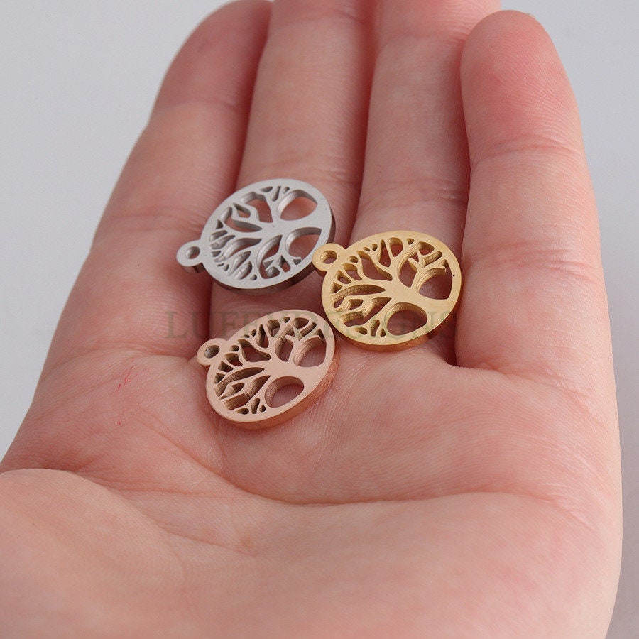 10pcs Family Tree Charm 15mm, Tree of Life Charm, Gold Tree Pendant, 18K Gold /Rose Gold plated Stainless Steel, Family Tree Charm Pendant