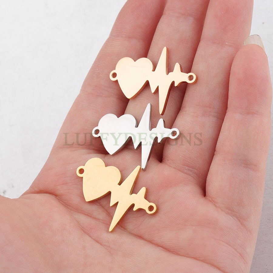 10pcs Heartbeat Charm, 18K Gold plated Stainless Steel, Heartbeat Connector, ECG Heartbeat Charm Pendant, Heart Charm, Love Charm, 20x28mm