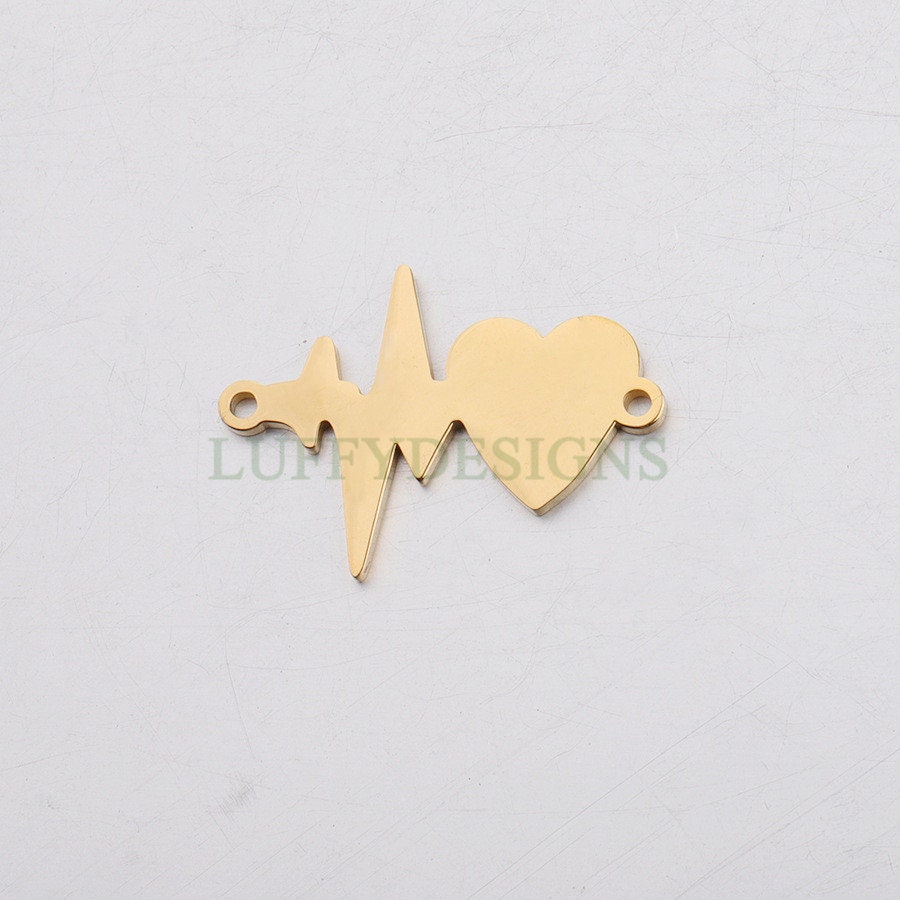 10pcs Heartbeat Charm, 18K Gold plated Stainless Steel, Heartbeat Connector, ECG Heartbeat Charm Pendant, Heart Charm, Love Charm, 20x28mm