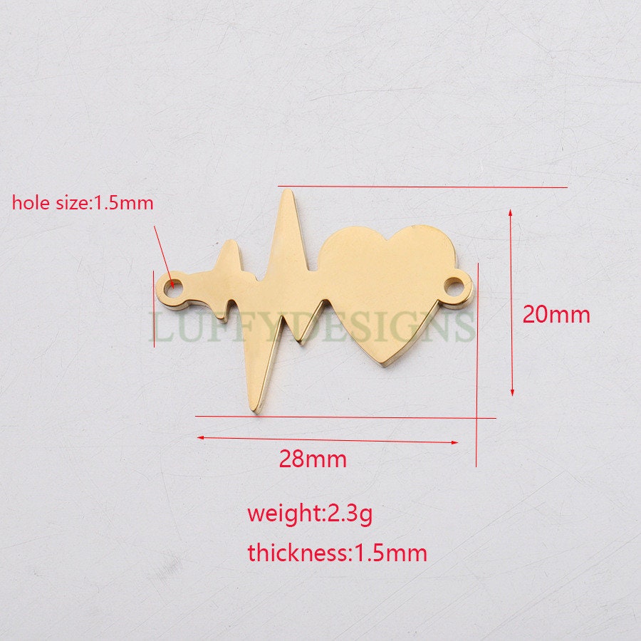 10pcs Heartbeat Charm, 18K Gold plated Stainless Steel, Heartbeat Connector, ECG Heartbeat Charm Pendant, Heart Charm, Love Charm, 20x28mm