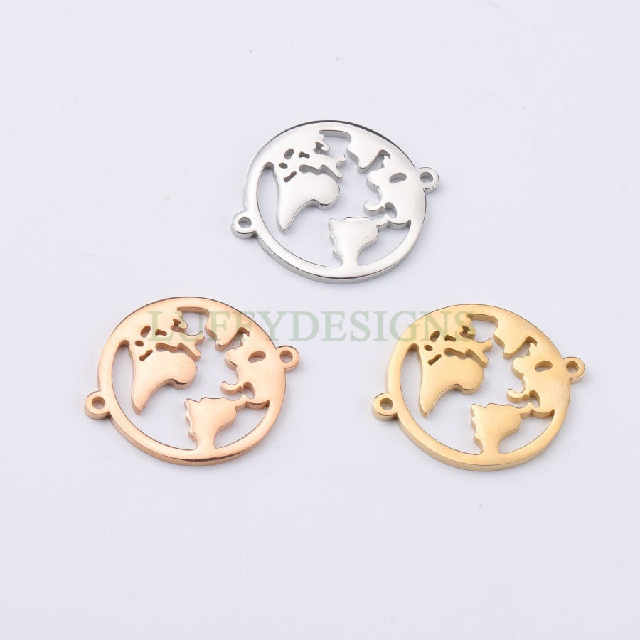 10pcs World Charm with Double Loops, World Map Pendant 27x22mm, Earth Charm, Globe Charm, Travel Jewelry, Stainless Steel World Map Charms