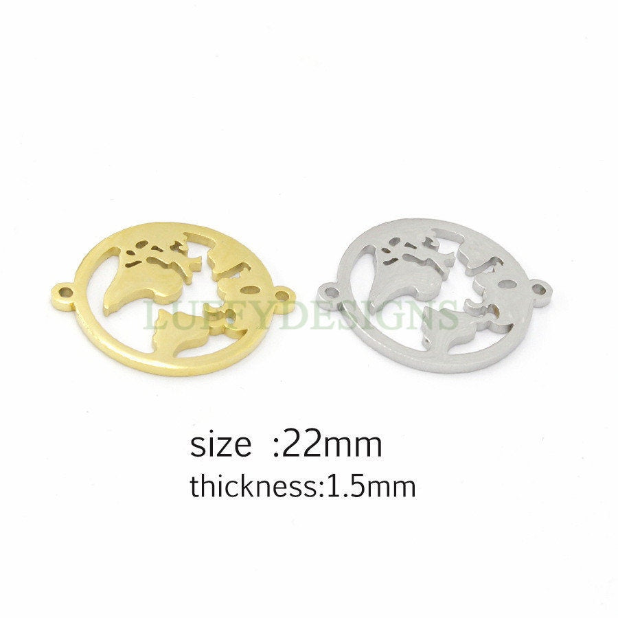 10pcs World Charm with Double Loops, World Map Pendant 27x22mm, Earth Charm, Globe Charm, Travel Jewelry, Stainless Steel World Map Charms