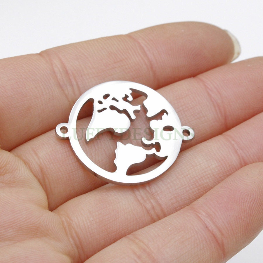10pcs World Charm with Double Loops, World Map Pendant 27x22mm, Earth Charm, Globe Charm, Travel Jewelry, Stainless Steel World Map Charms