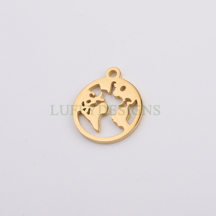 10pcs Round World Charm, World Map Pendant, Earth Charm, Globe Charm, Travel Jewelry, 18K Gold plated Stainless Steel, Gold World Map Charms