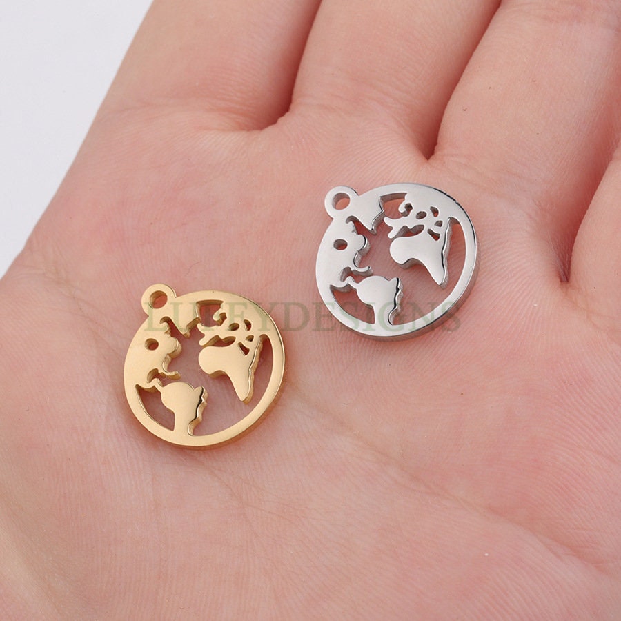 10pcs Round World Charm, World Map Pendant, Earth Charm, Globe Charm, Travel Jewelry, 18K Gold plated Stainless Steel, Gold World Map Charms