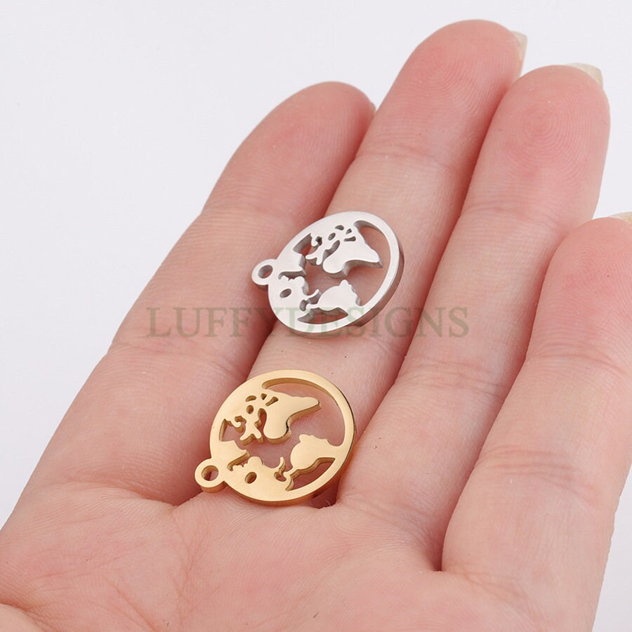 10pcs Round World Charm, World Map Pendant, Earth Charm, Globe Charm, Travel Jewelry, 18K Gold plated Stainless Steel, Gold World Map Charms